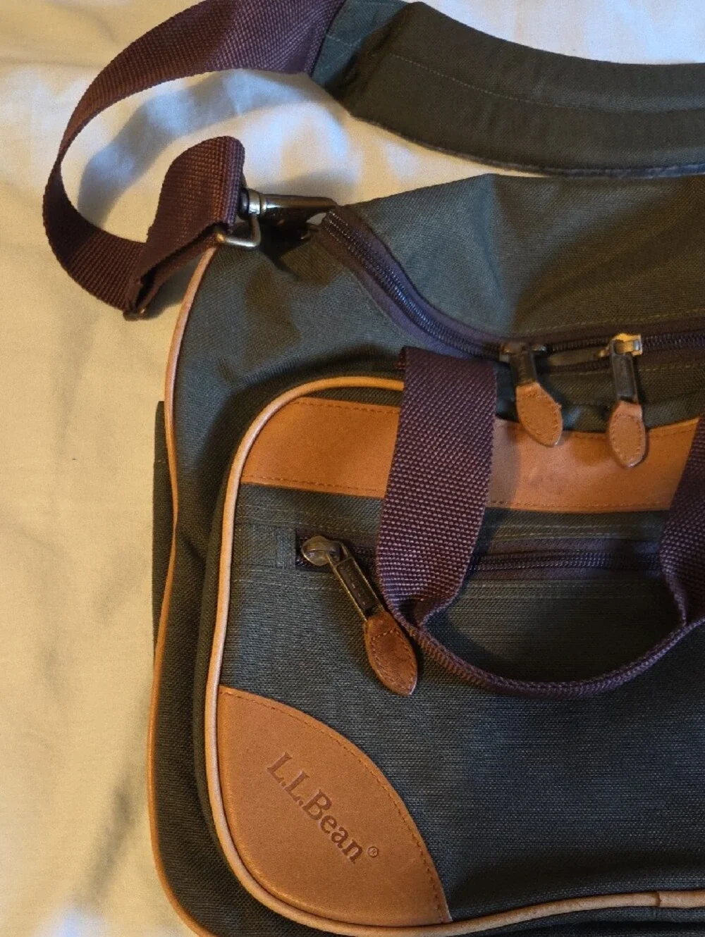 L.L. Bean Olive Green Canvas Laptop Messenger with Brown Leather Accents